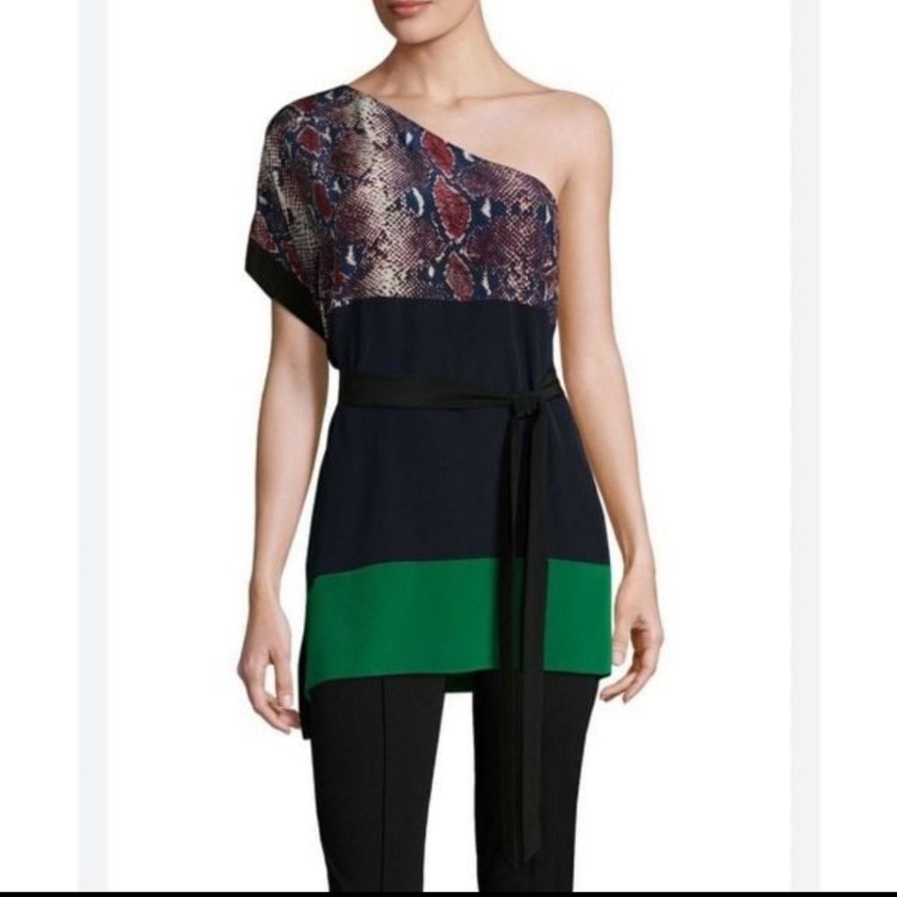 Diane Von Furstenberg Silk Snakeskun Colorblock One Shoulder Open Side Tunic Lrg